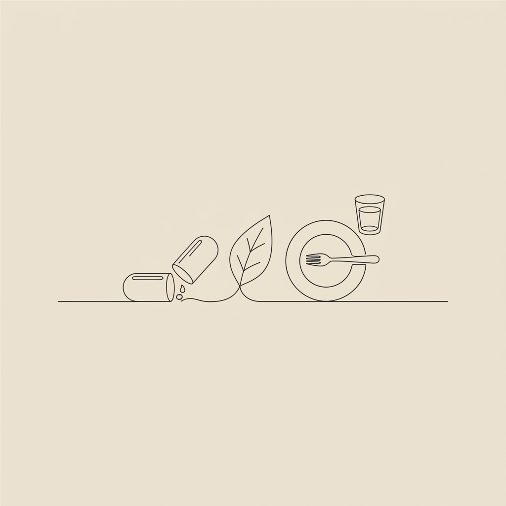 Minimalist 2D vector line illustration of a capsule, leaf, plate with fork and water glass on a beige background representing best powder for weight loss