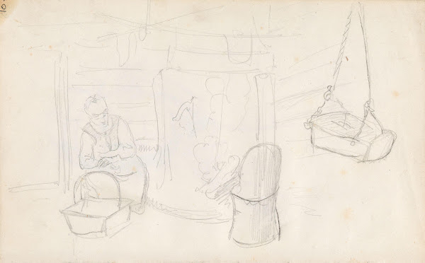 Interiør med kvinne kubbestol og hengende barnekurv 1844