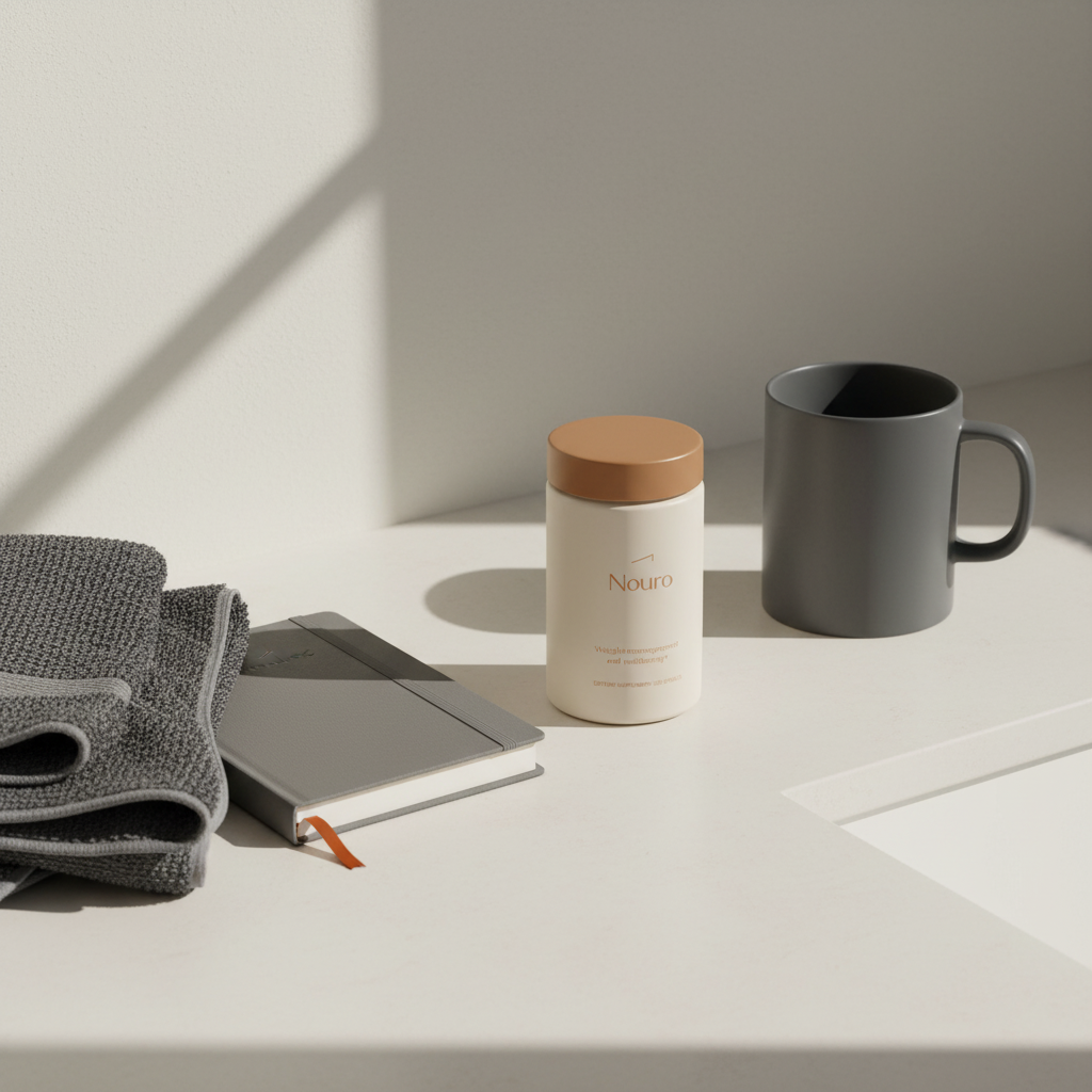 Minimalist bathroom counter with Tonum Nouro jar beside towel, journal and mug, evoking gentle wellness and Davina McCall menopause treatment guidance