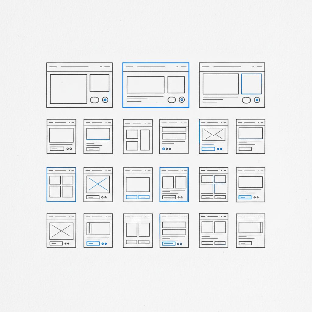 Notebook-style grid of sketched website thumbnails on white with blue accents #1a5bfb, minimalist and tidy best website builder 2025