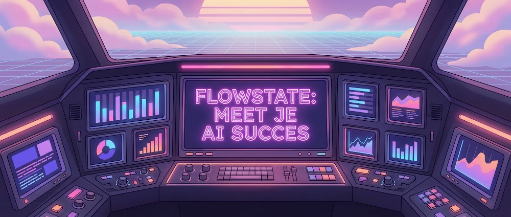 Synthwave dashboard visualisatie van Flowstate AI succes en zichtbaarheid