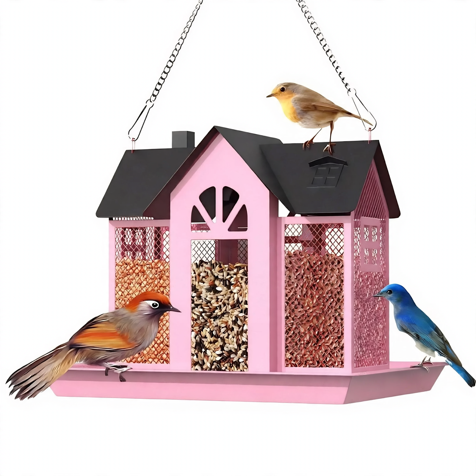 Metal birdhouse with chain for hanging decoration