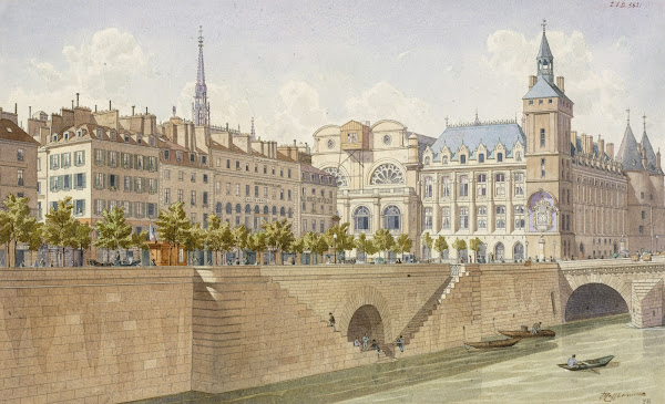 Le quai de la Cité et la tour de lHorloge en 1855 la flèche de la Sainte Chapell