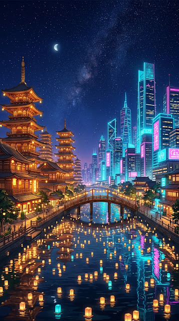 Traditional Pagodas and Modern Skyscrapers Cityscape at Night - Free mobile Wallpaper