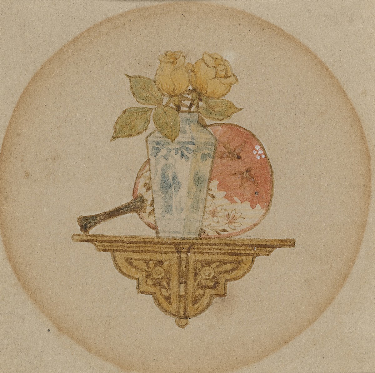 Vignette of fan and vase on a shelf