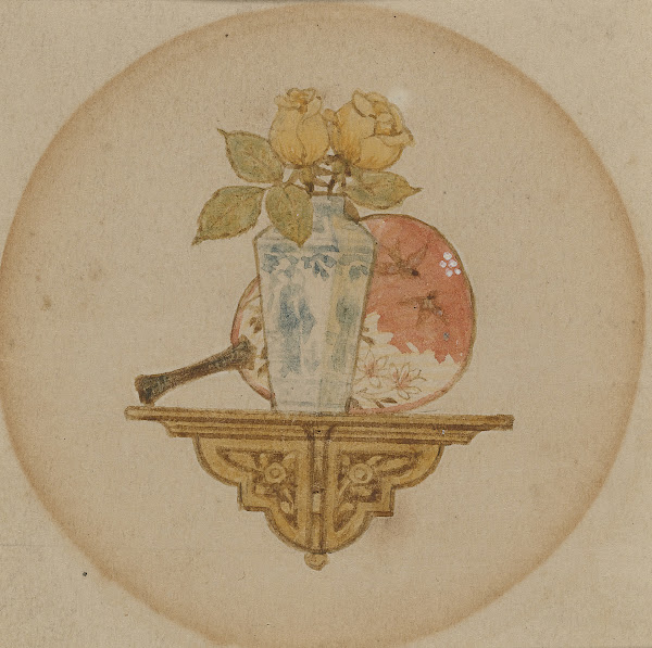 Vignette of fan and vase on a shelf