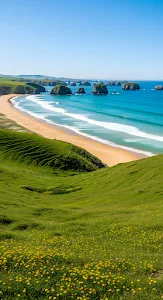 Coastal Green Hills Turquoise Ocean Sea Stacks Landscape