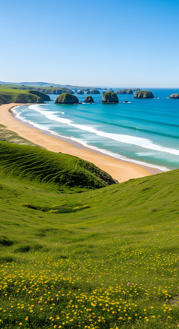 Coastal Green Hills Turquoise Ocean Sea Stacks Landscape - Free mobile Wallpaper