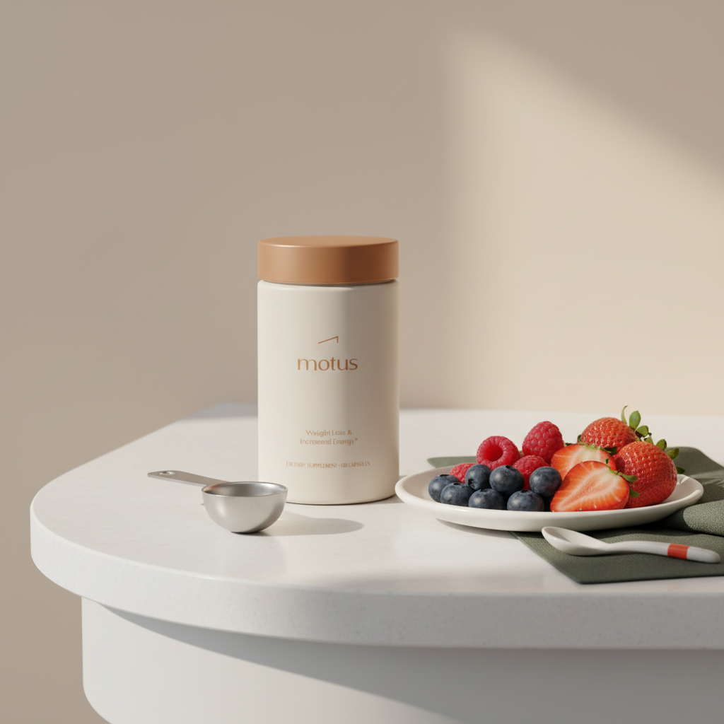 Minimalist kitchen scene with Motus supplement bottle on a rounded counter beside mixed berries and a scoop, promoting meal replacement shakes for weight loss