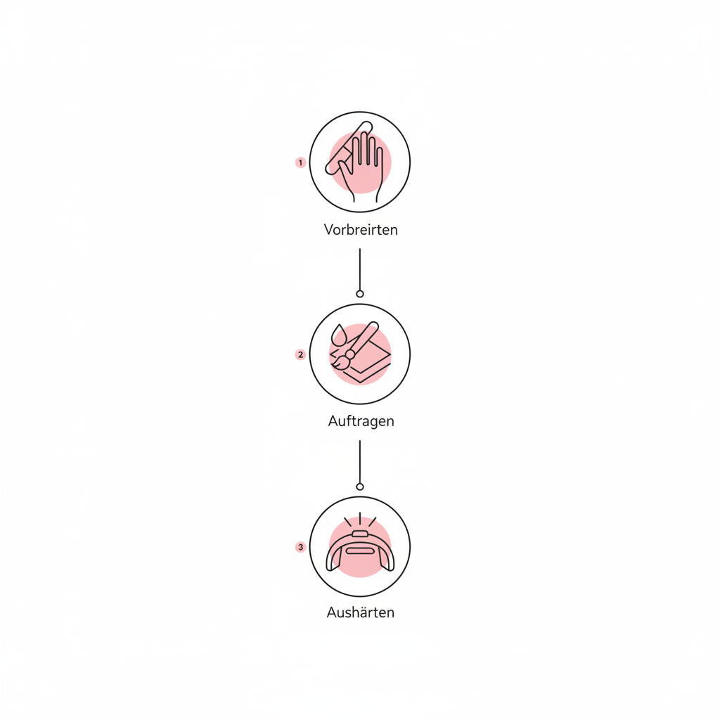Minimalistische 2D-Infografik mit drei Icons für Vorbereiten, Auftragen und Aushärten – DIY Gel Nägel Starterkit