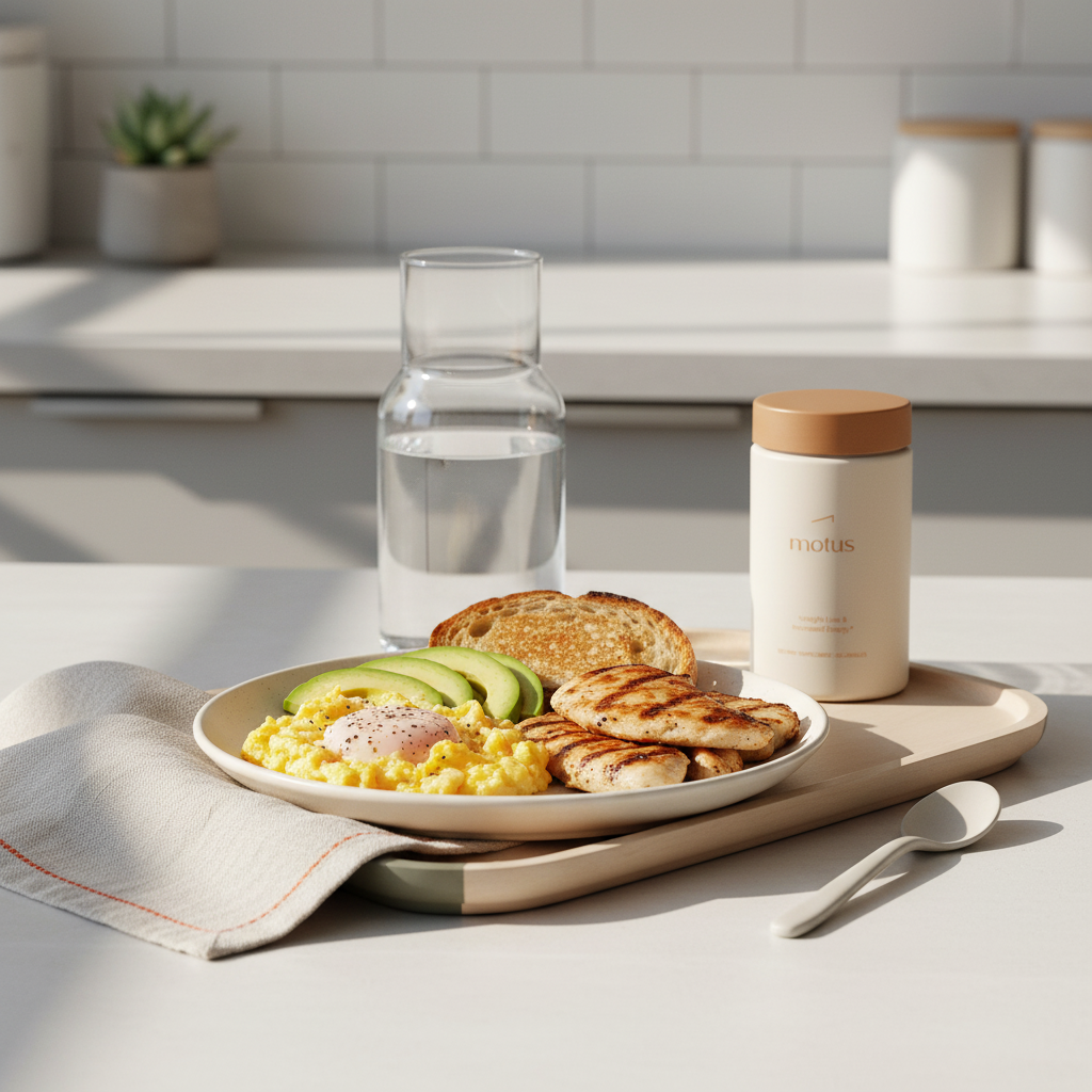 Motus supplement jar beside a protein-rich breakfast plate and water carafe on a minimalist Tonum kitchen background, promoting burn belly fat for men fast