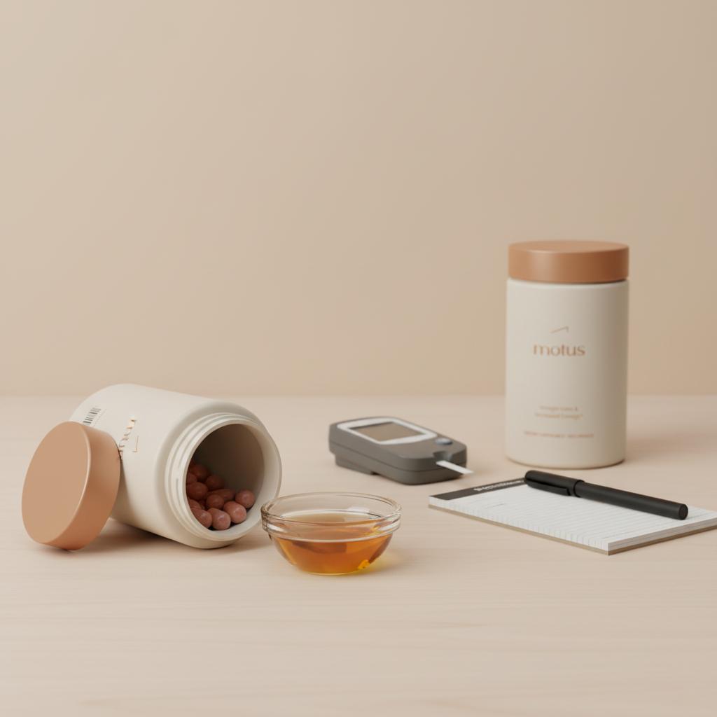 Minimal kitchen counter with an open jar of apple cider vinegar capsules, a tablespoon of diluted ACV in a glass bowl, glucometer and notepad — do apple cider vinegar pills lower A1C