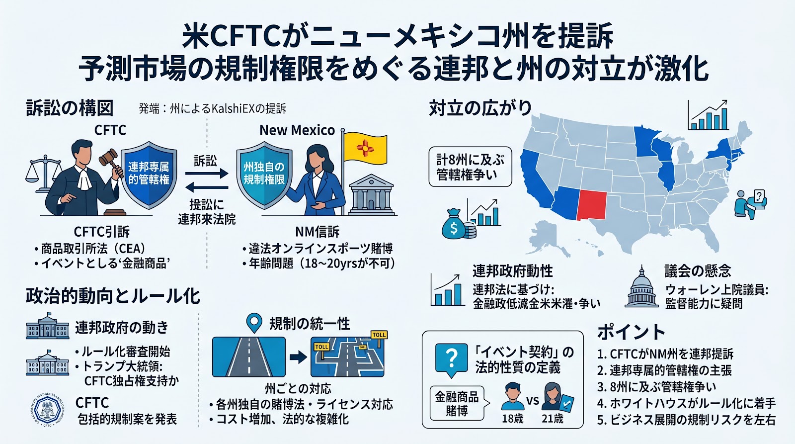 米CFTCがニューメキシコ州を提訴 予測市場の規制権限をめぐる連邦と州の対立が激化