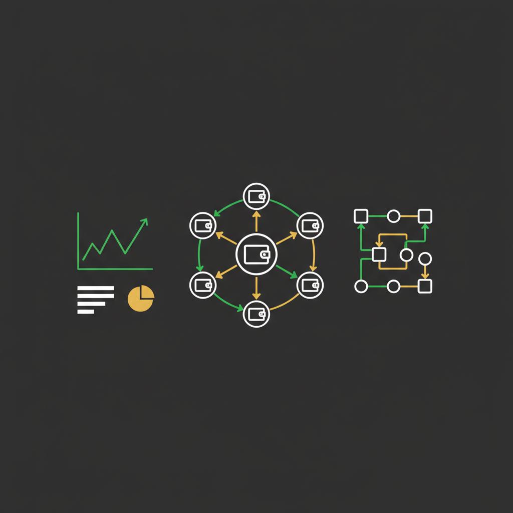 Minimal 2D vector on chain analytics dashboard with simplified charts wallet flow lines and node icons on dark background showing best cryptocurrency to invest in