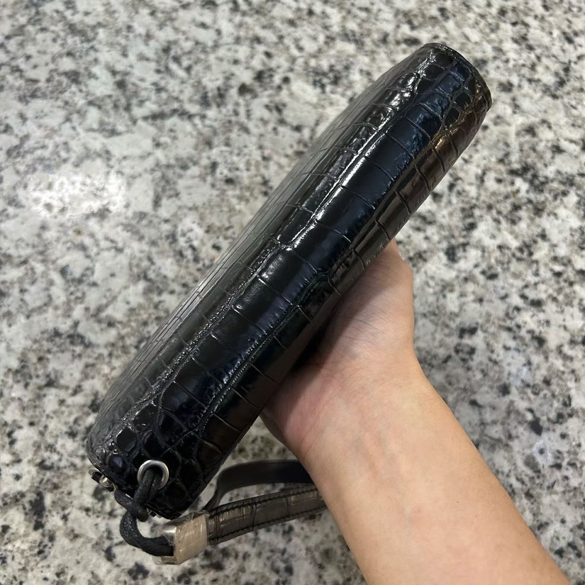 black genuine alligator leather double-zip clutch bag for men with glossy finish and wrist strap - detail 3.1
