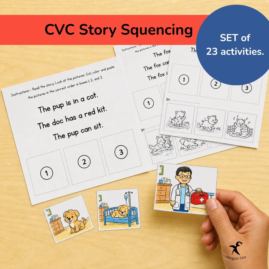 Phonics Story Sequencing & Cut-and-Paste Activity Set Bundle for Early Learners