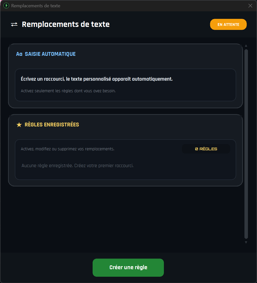 Accessibility Controller - fenêtre Remplacements de texte avec règles de saisie automatique