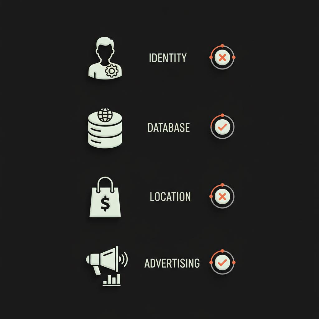 Minimal full-frame vector infographic on black background showing generic data-broker icons with checkmarks and crosses in Social Success Hub colors, is DeleteMe legit