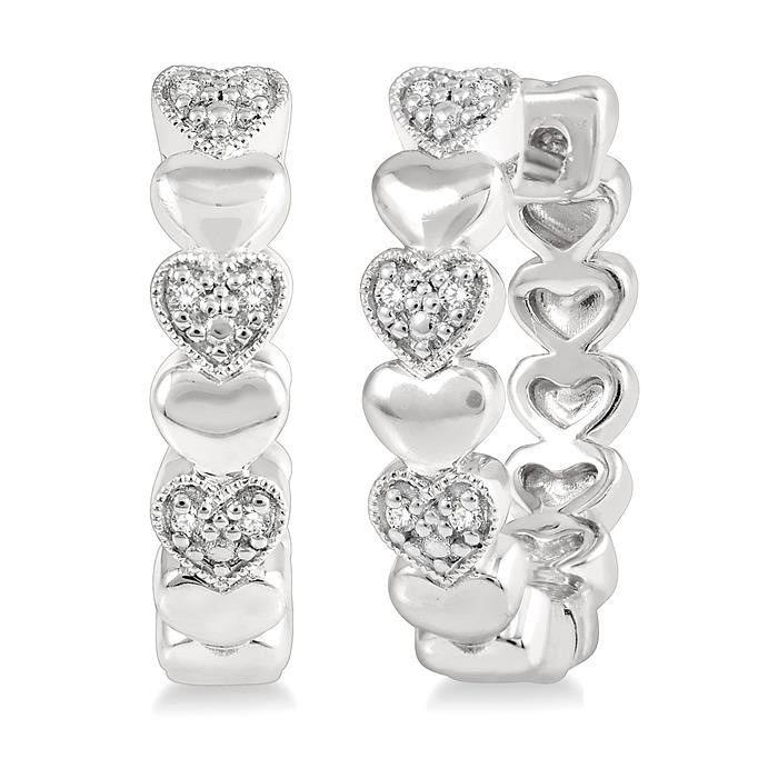 Silver Heart Shape Diamond Hoop Earrings