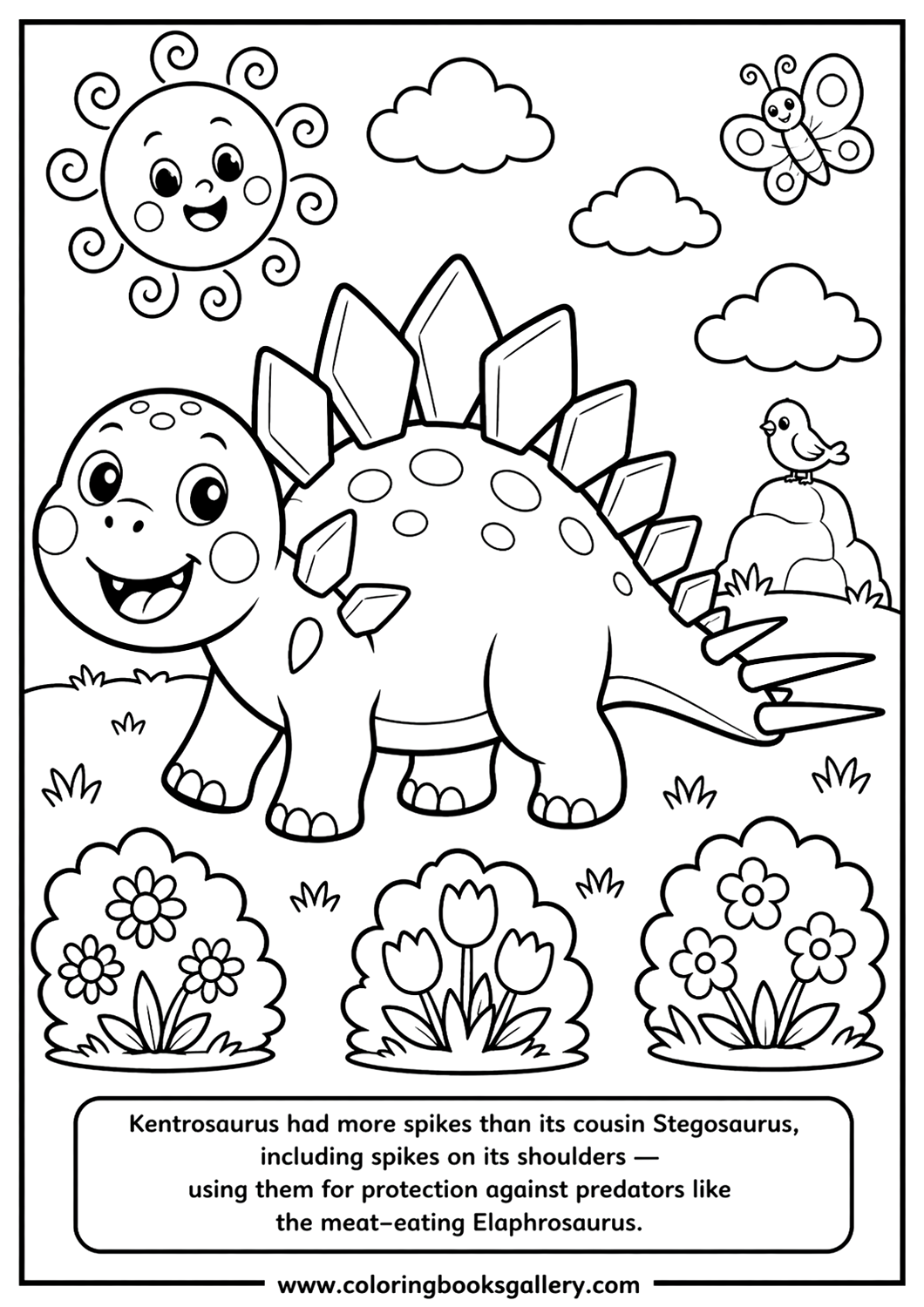 Cute Smiling Kentrosaurus Dinosaur Sheet – A Free Printable Coloring Activity for Kids and Adults – free coloring page for kids