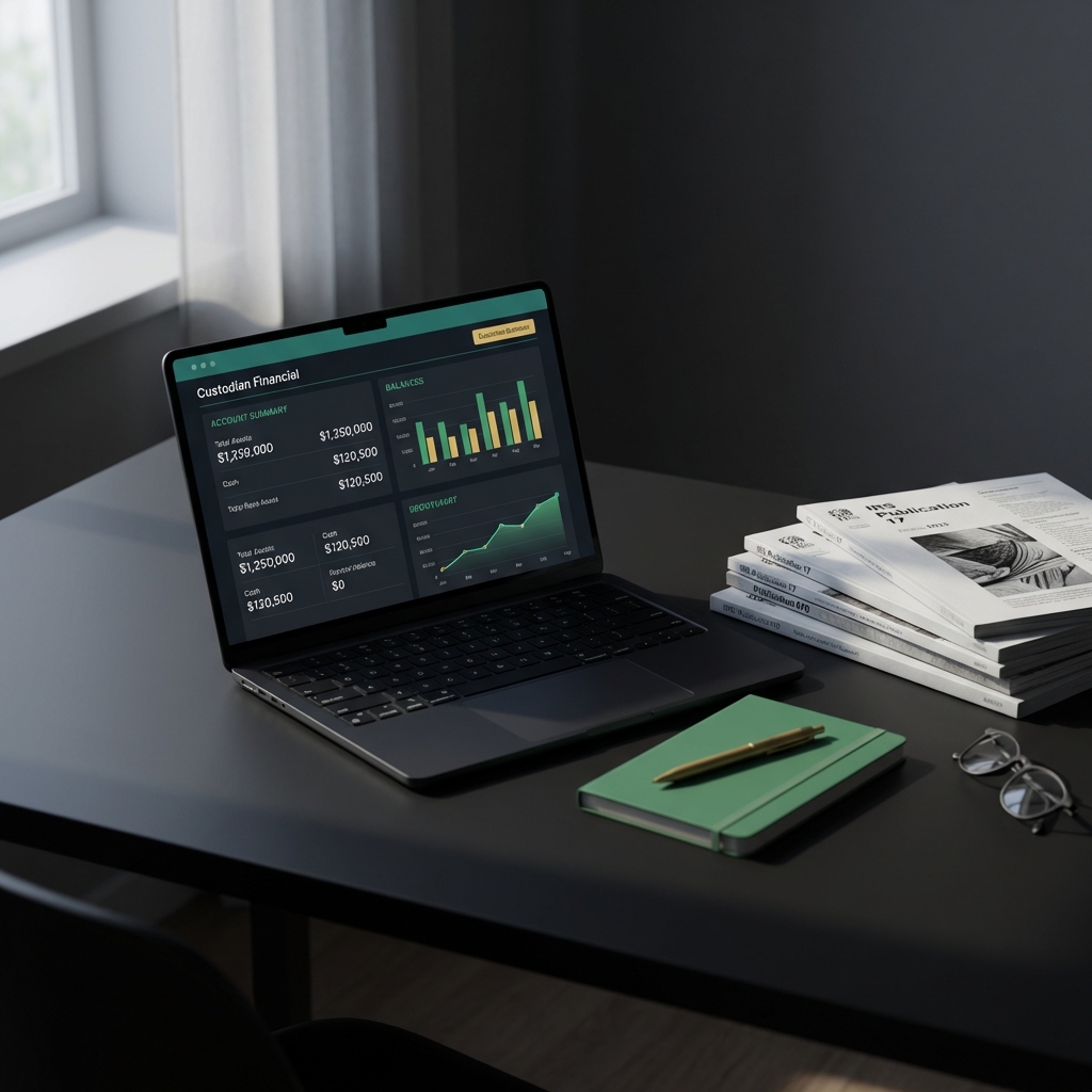 Minimalist desk with printed IRS publications and open laptop displaying a custodian dashboard in Finance Police brand colors highlighting roth ira crypto account view