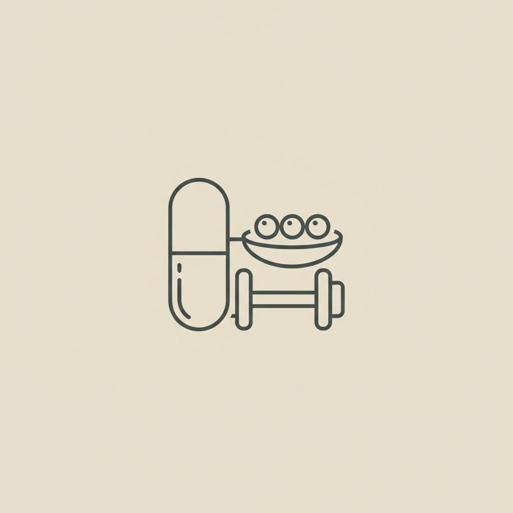 Minimalist Tonum-style line illustration of a capsule, spoon with berries, and barbell merged on beige background, representing nutrition and strength for how long to restart your metabolism.