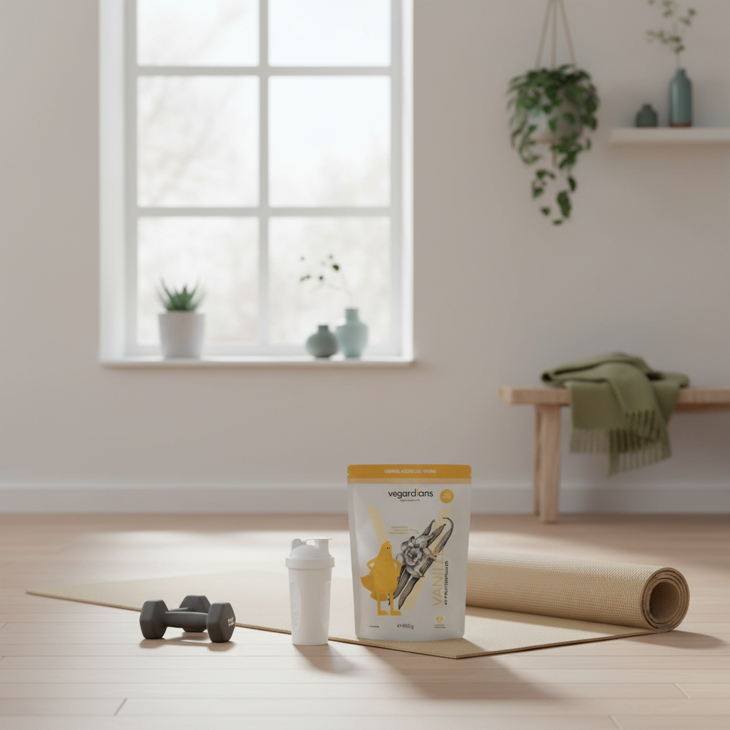 Helles, minimalistisches Wohnzimmer mit Yogamatte, Kurzhanteln und unbeschriftetem Pre‑Workout‑Becher (Das Produkt aus den Referenzfotos) auf Holzboden, skandinavischer Stil, bestes pre workout 2025