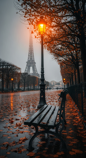 Atmospheric Autumn Park View of Eiffel Tower in Foggy Rain with Glowing Lamppost - Free mobile Wallpaper