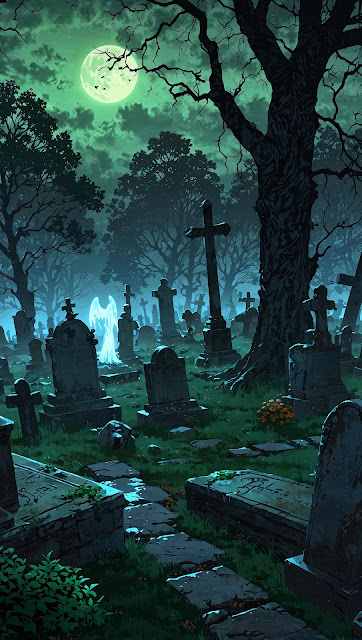 Eerie Moonlit Cemetery with Ghostly Angel Under Twisted Trees - Free mobile Wallpaper