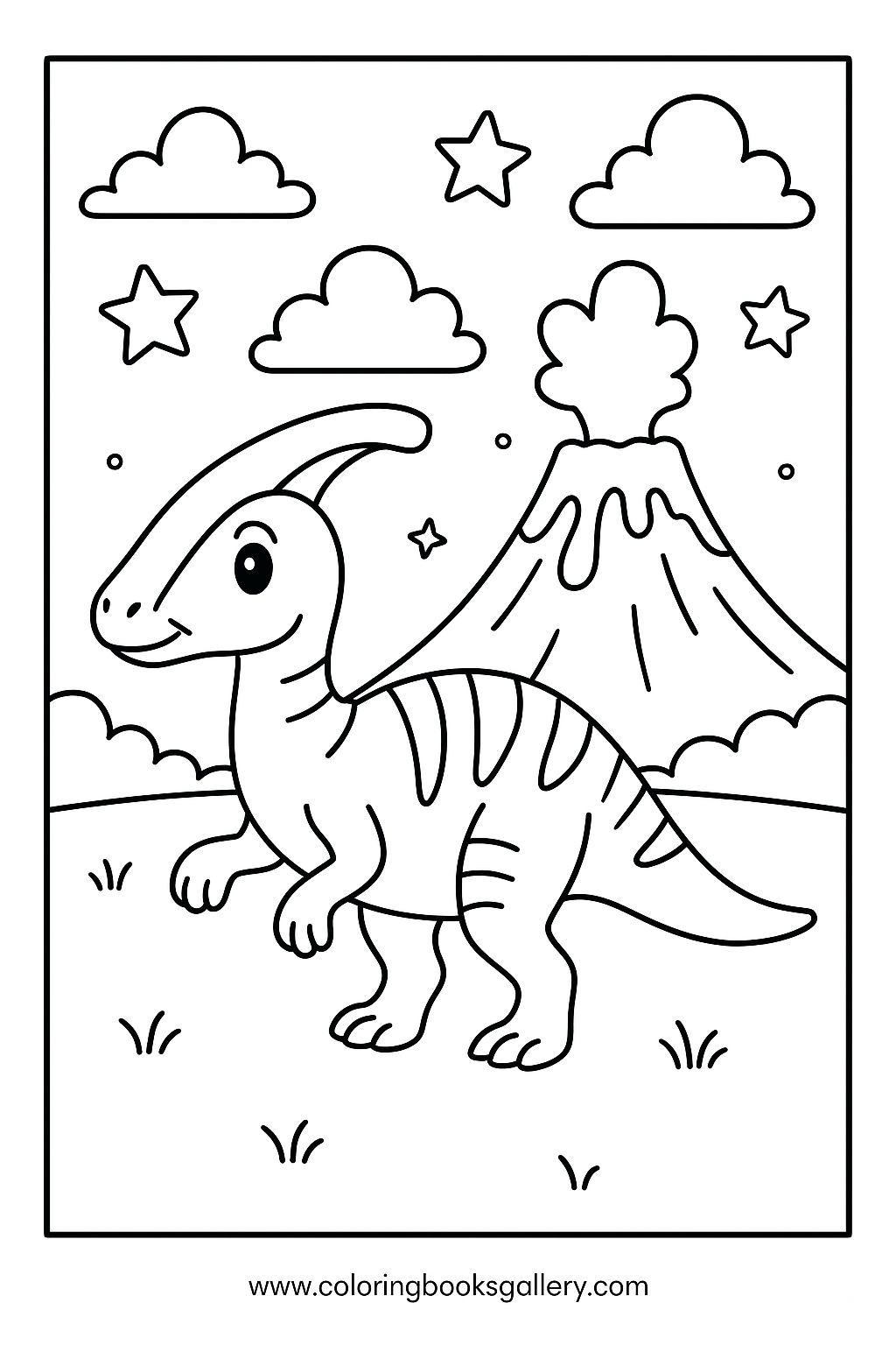 Simple Parasaurolophus Under The Volcano Sky Coloring Page For Kids – free coloring page for kids