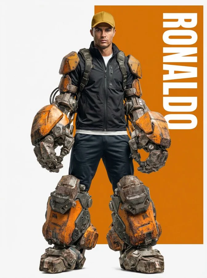 Retrato cinematográfico ultrarrealista de Ronaldo con armadura futurista.