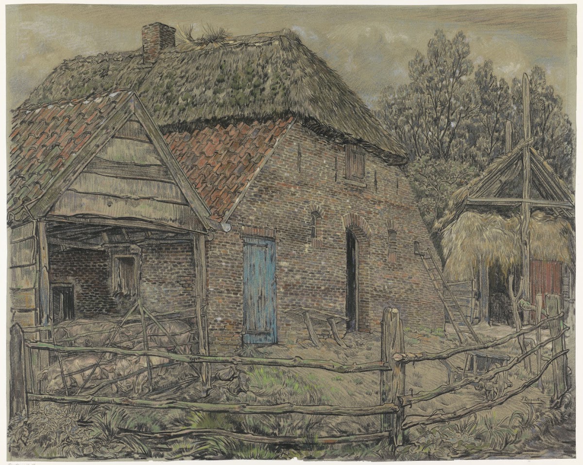 Grote boerenschuur met een varkenshok ervoor 1880 1911