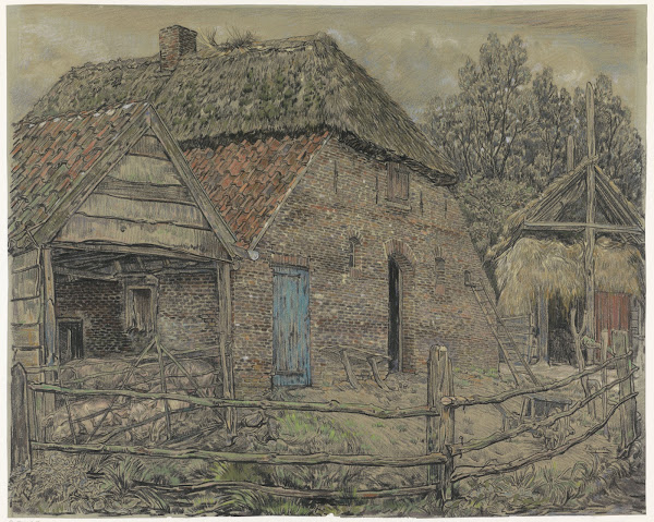 Grote boerenschuur met een varkenshok ervoor 1880 1911