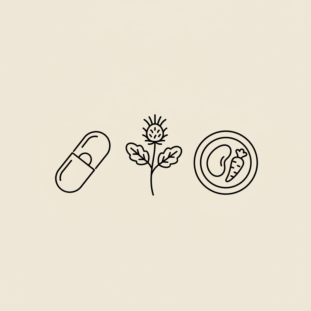Minimalist 2D vector line illustration of a capsule, milk thistle sprig, and a small portioned plate on beige background, representing a prescribed weight loss pill