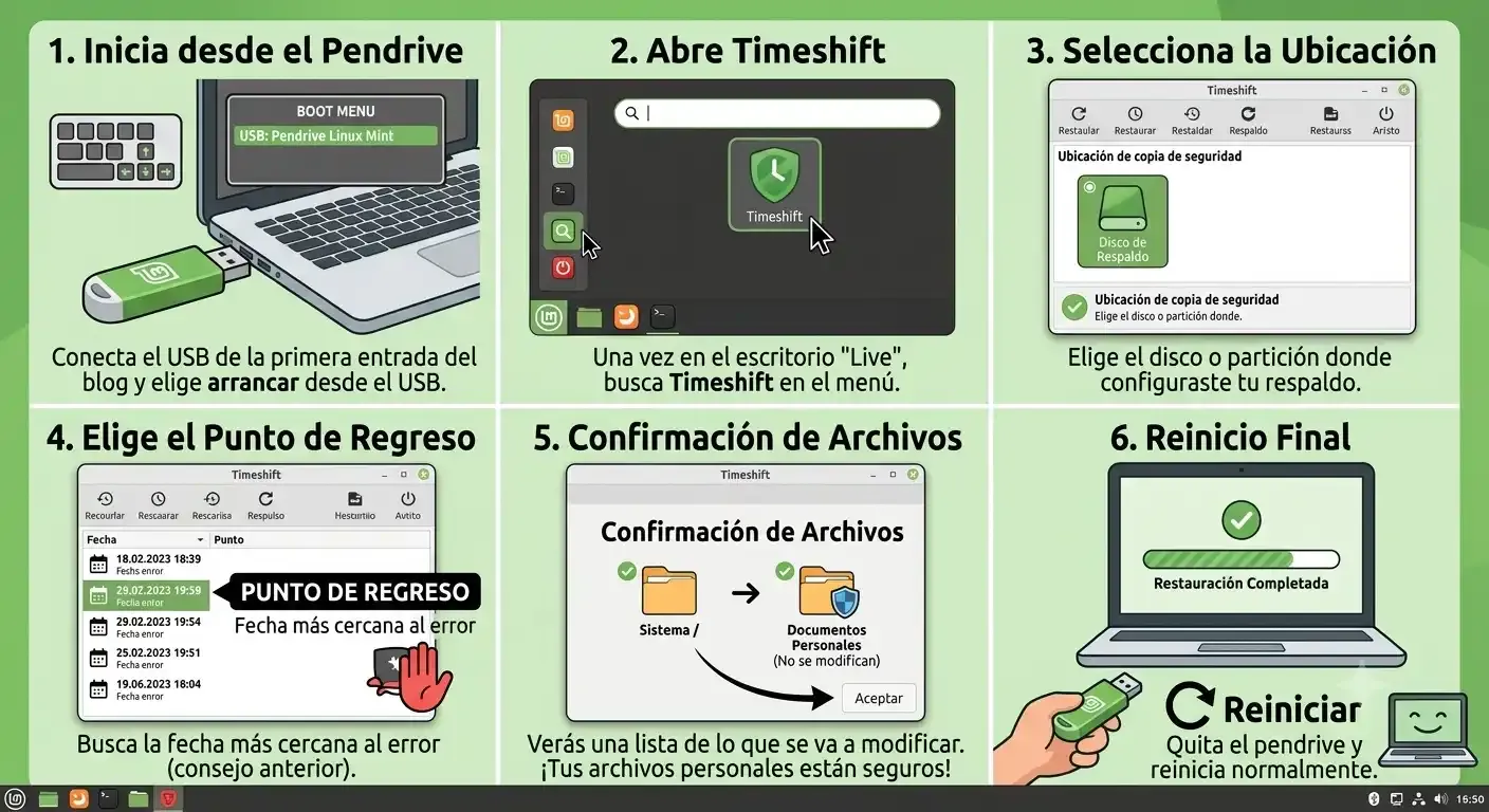 Infografía con procedimiento para restaurar el sistema en Linux Mint.