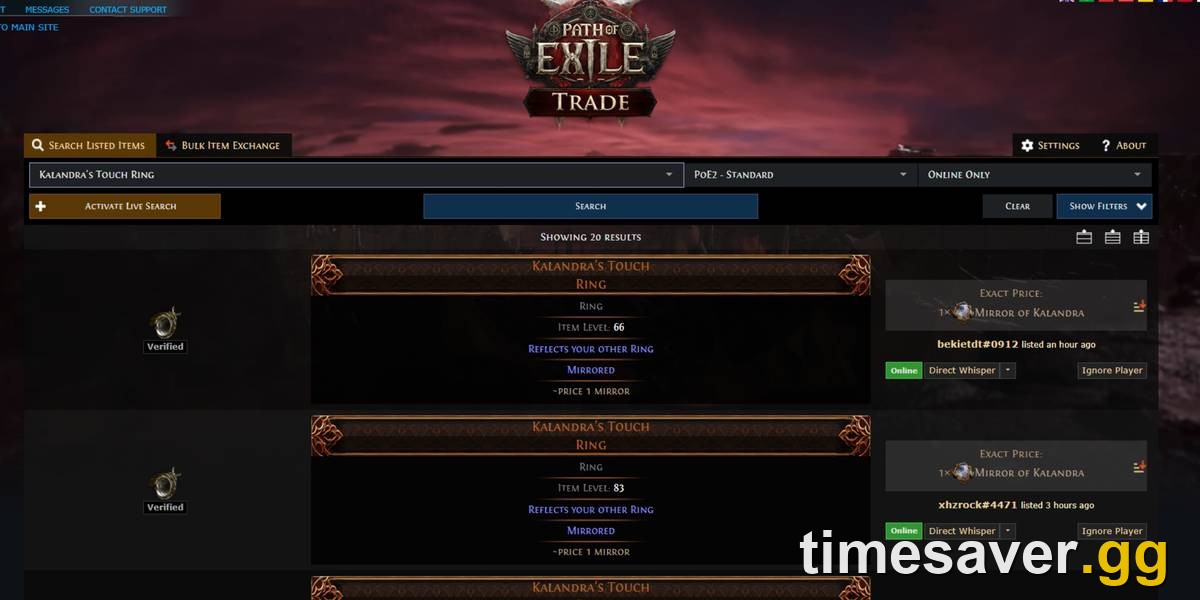PoE2 trade search showing Kalandra's Touch rings listed for 1 Mirror of Kalandra each during the 0.1 launch economy