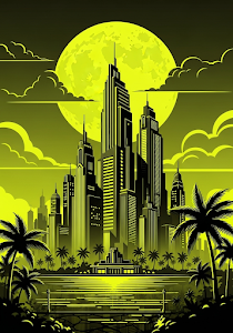 Art Deco Retrofuturistic City Giant Yellow Moon Art