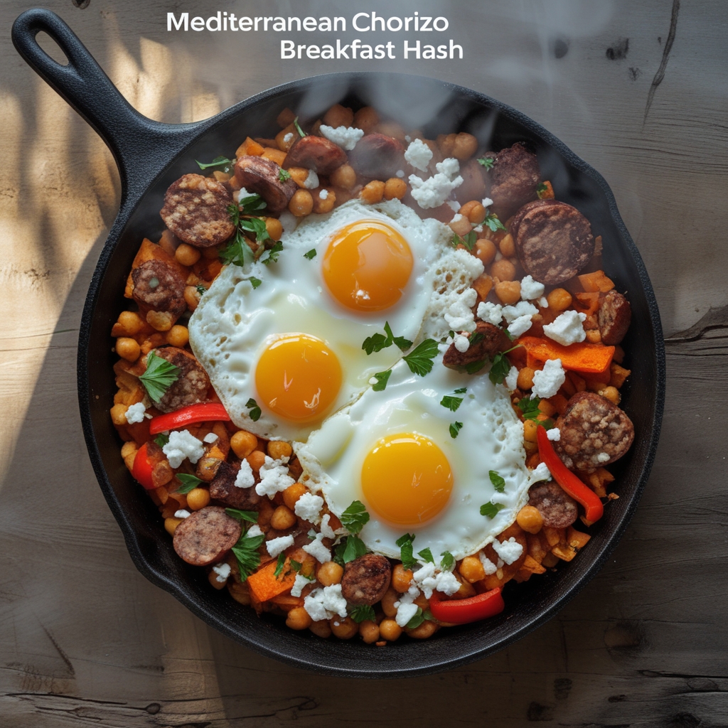 Smoky Mediterranean Chorizo & Sweet Potato Breakfast Hash with Fried Eggs