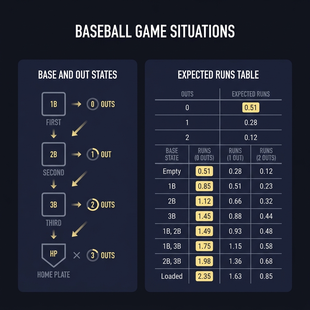 Minimalist baseball base out states diagram with expected runs table on Funded Plays dark theme background for blue jays orioles prediction