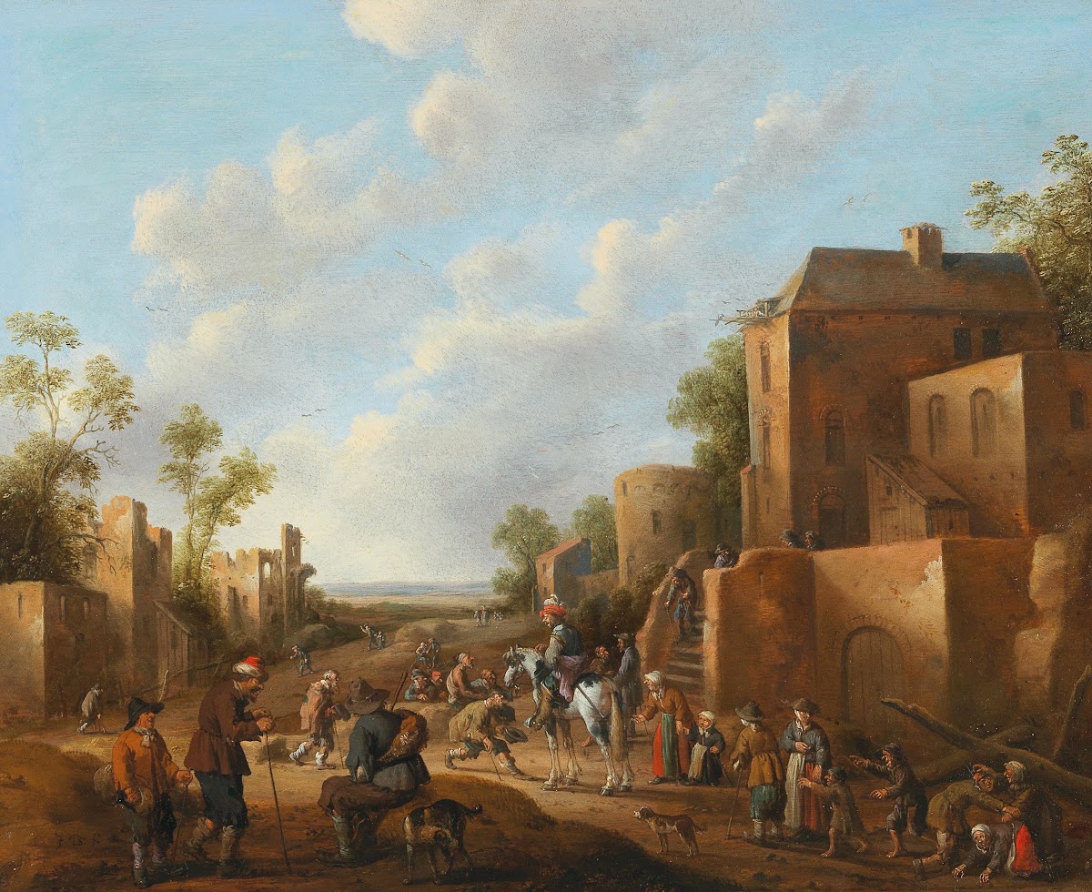 A village landscape with country folk near a tavern