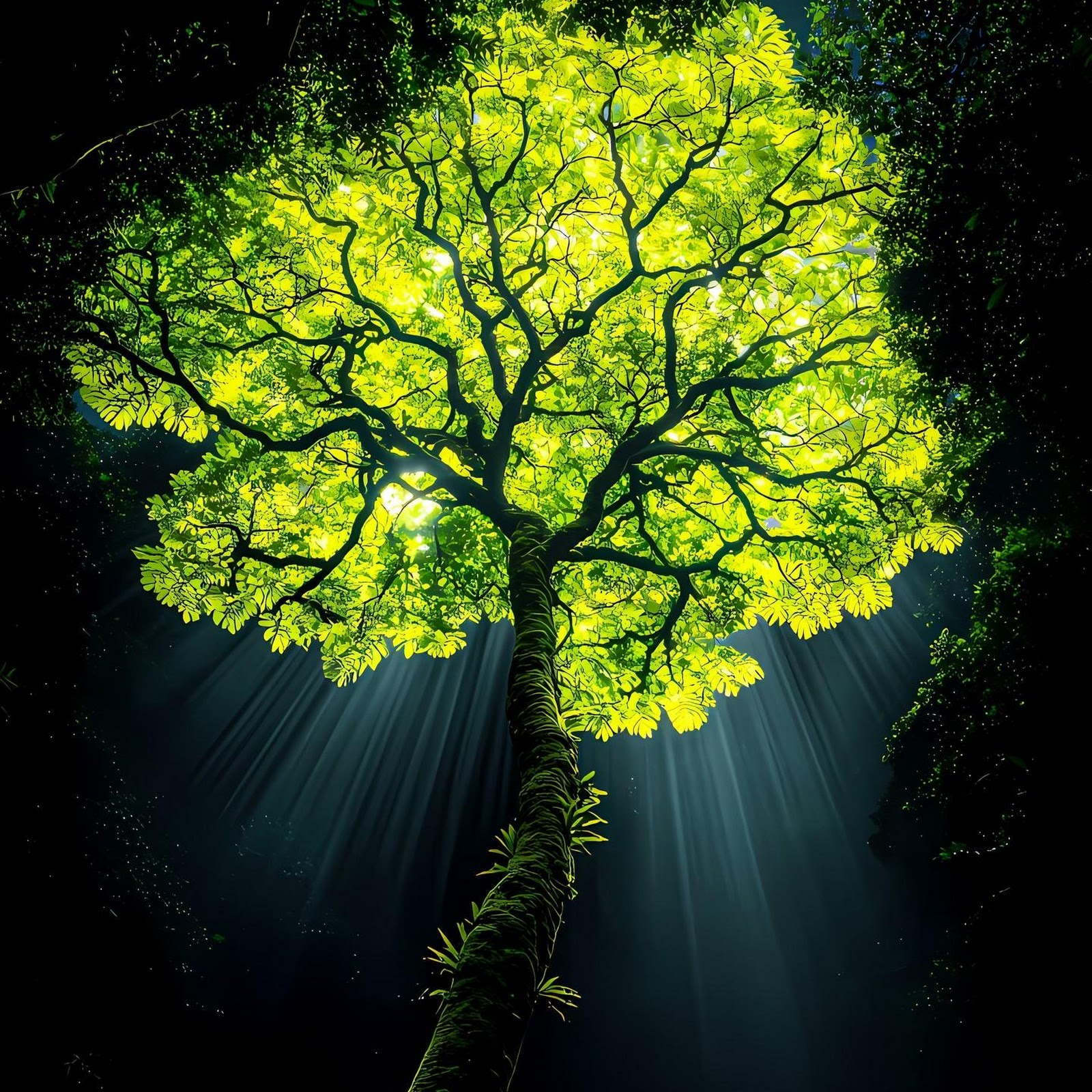 Download Mossy Tree Trunk Glowing Brightly 2K iPhone