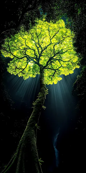 Mossy Tree Trunk Glowing Brightly 2K iPhone Wallpaper Background