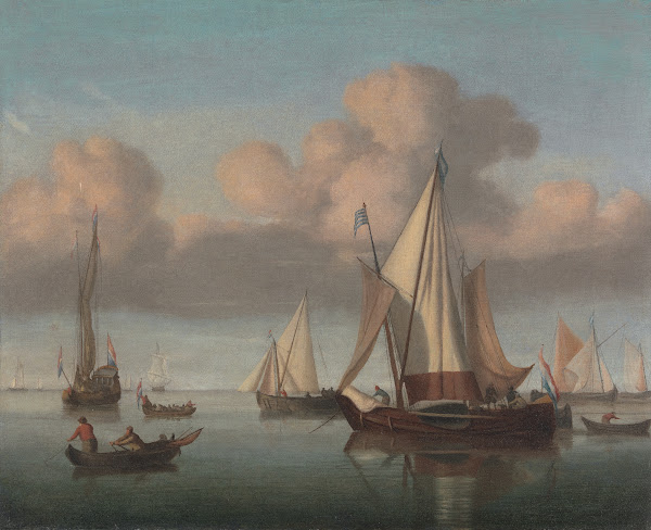 A Kaag at Anchor with Sails Hoisted and a State Yacht and Other Vessels ca 1665