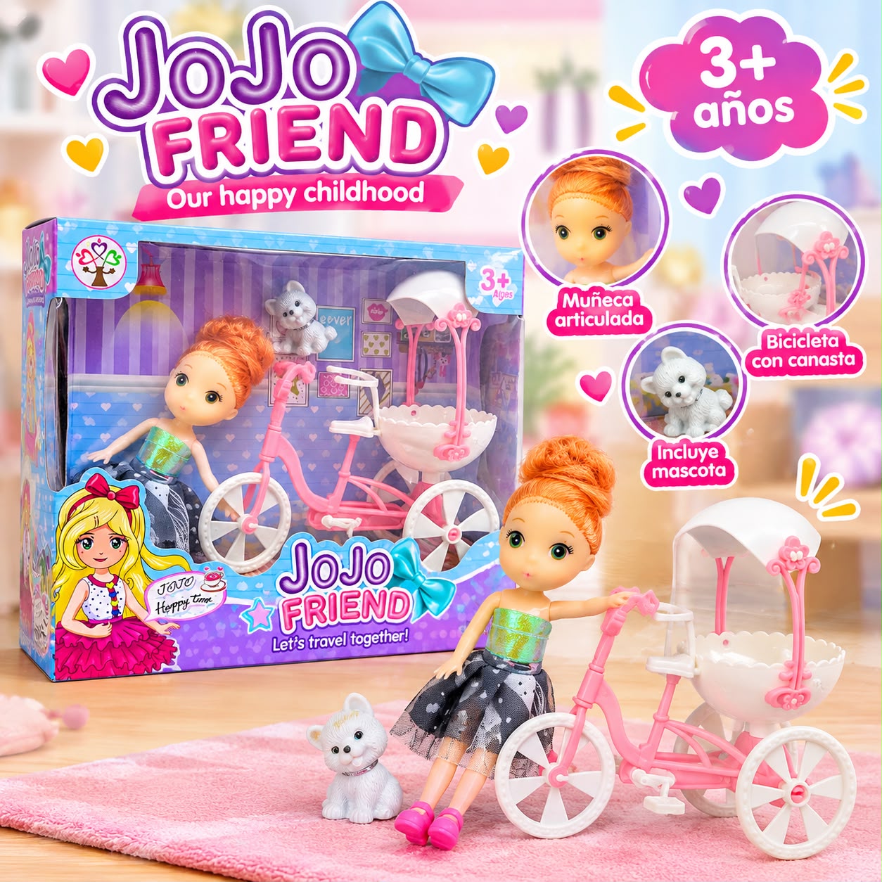 Muñeca JoJo Friend con bicicleta y mascota