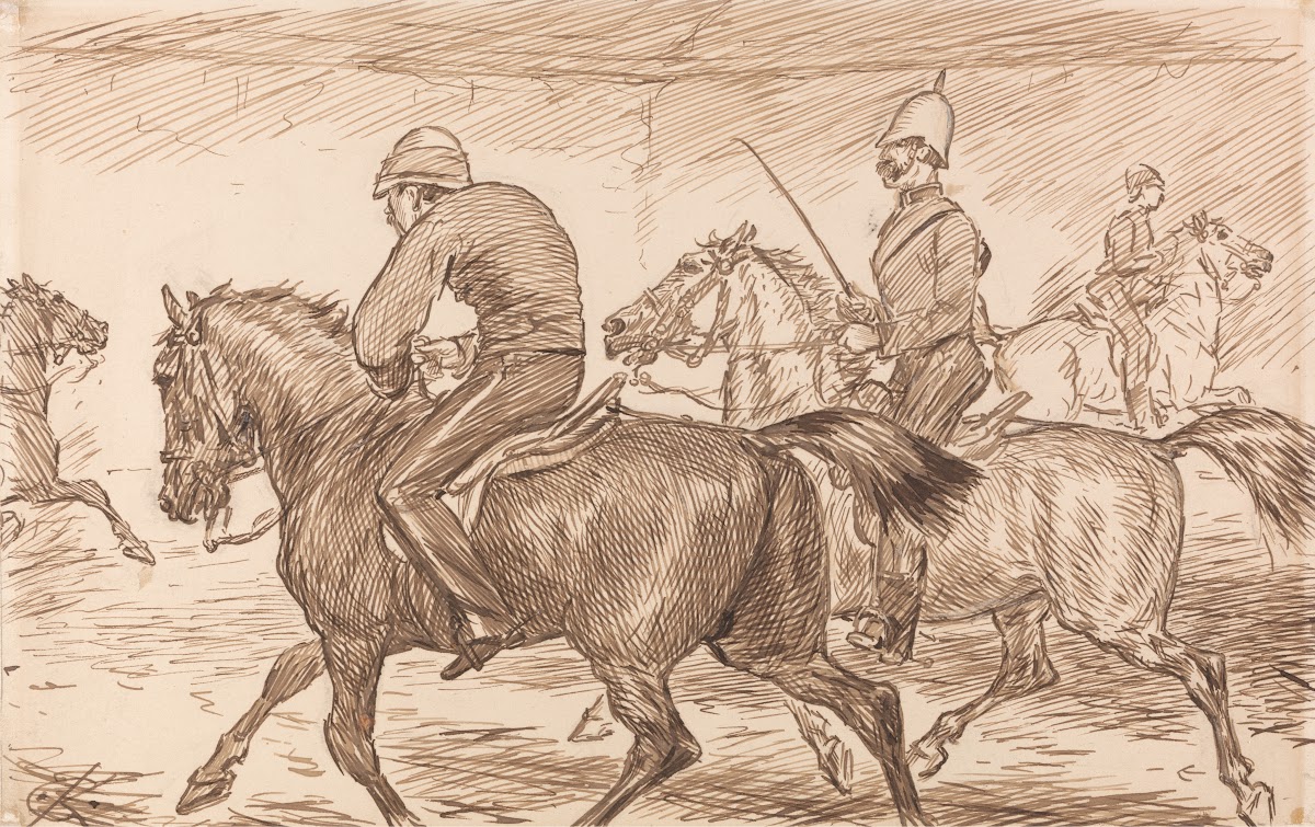 An Indoor Military Riding School With an Instructor Teaching Recruits to Trot