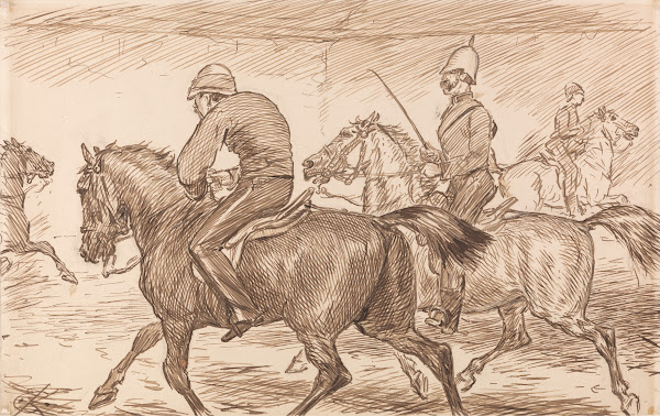 An Indoor Military Riding School With an Instructor Teaching Recruits to Trot