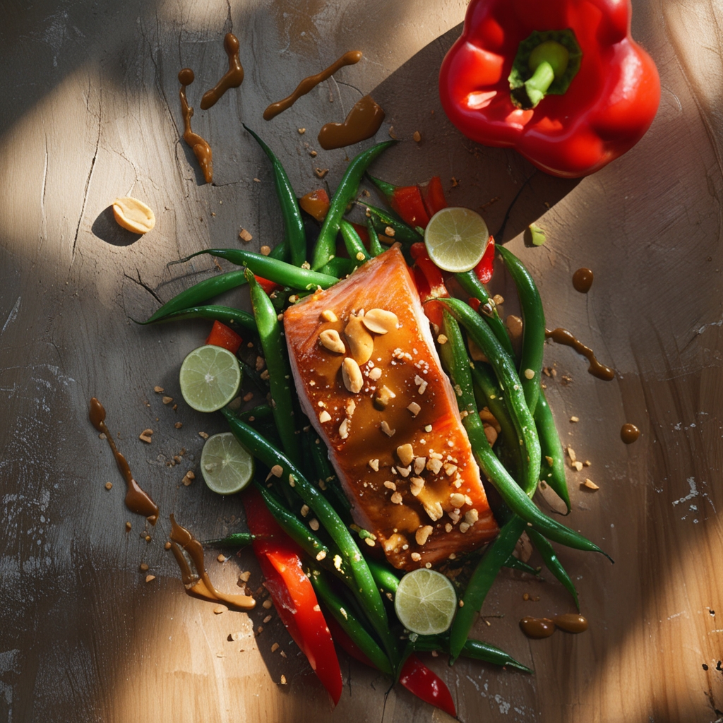 Thai Coconut Curry Salmon & Green Bean Sheet Pan Meal with Peanut Drizzle