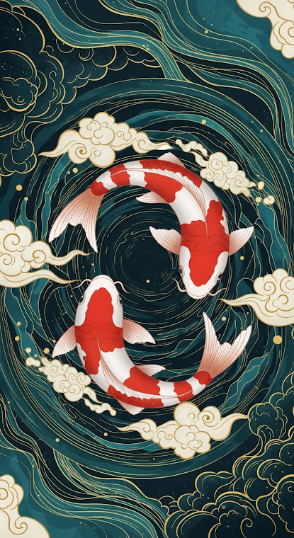 Koi Fish and Abstract Water Waves
