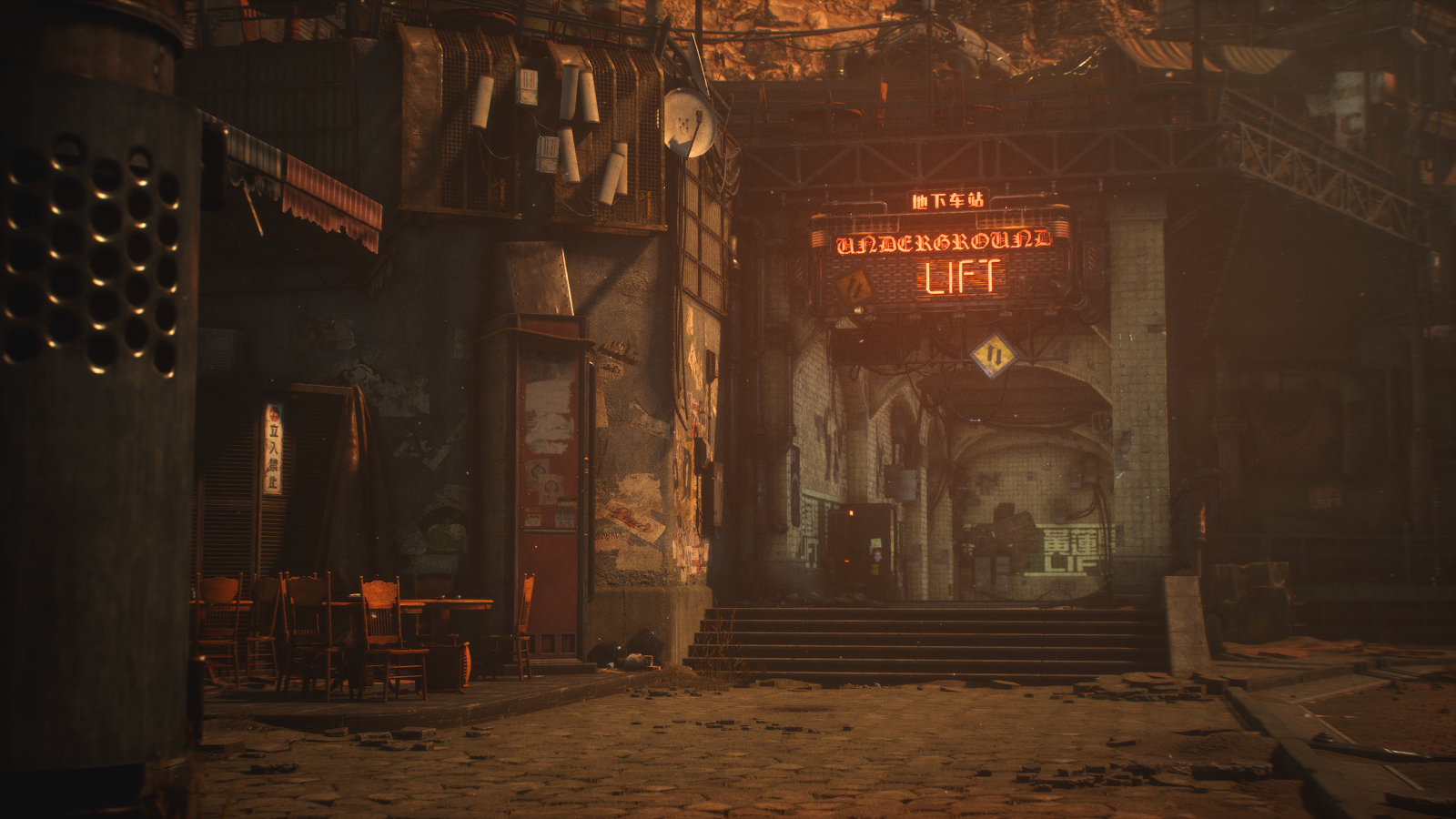 Underground Lift In Cyberpunk Slums - Digital Game Art 4K Wallpaper (3840x2160)