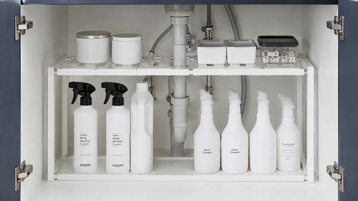 Perfectly organized under sink cabinet with tiered pull-out organizer, supplies neatly arranged